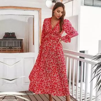 Весеннее длинное платье с принтом для женщин, повседневное тонкое платье с высокой талией и v-образным вырезом, расклешенными рукавами, летние женские платья макси с цветочным принтом S красный