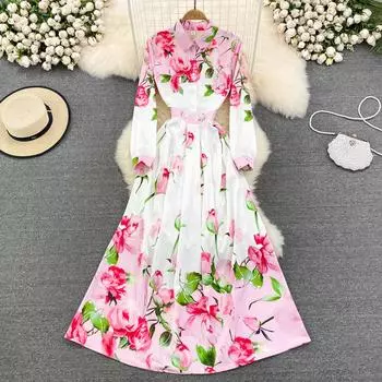 Весеннее европейское и американское модное платье трапециевидной формы с отворотом на талии и принтом, элегантное длинное платье с длинными рукавами M