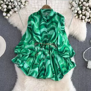 Весеннее европейское модное платье-рубашка средней длины с воротником-стойкой, однобортное платье трапециевидной формы с рукавами-фонариками, женское One Size чёрный