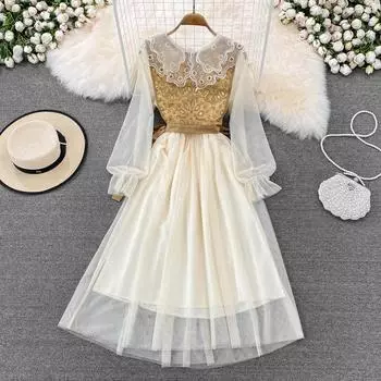 Весеннее французское платье первой любви, комплект из двух предметов, жилет с круглым вырезом, жилет с кукольным воротником, сетчатое платье на талии, женское