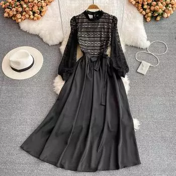 Весеннее французское винтажное кружевное платье трапециевидной формы с воротником-стойкой и длинными рукавами, элегантное темпераментное длинное платье с большими качелями