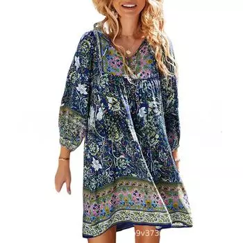 Весеннее горячее женское платье с принтом в стиле бохо с длинными рукавами, V-образным вырезом, шнуровкой, платья А-силуэта S жёлтый