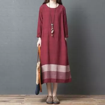 Весеннее художественное свободное лоскутное полосатое хлопковое льняное платье с круглым вырезом и длинными рукавами для женщин, платье средней длины M бордовый