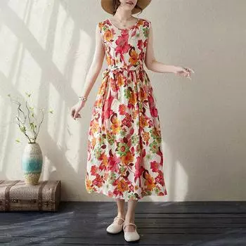 Весеннее и летнее литературное хлопково-льняное платье в стиле ретро средней длины, женское легкое хлопковое льняное платье без рукавов M красный