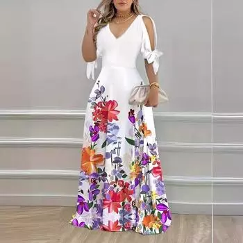 Весеннее и летнее платье с принтом, темперамент, без бретелек, с коротким рукавом, V-образным вырезом, с принтом, большие качели S белый