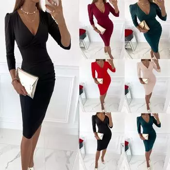 Весеннее и летнее сексуальное однотонное платье с v-образным вырезом и талией для женщин S темно-зеленого