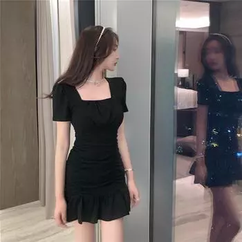 Весеннее и летнее сексуальное платье-рыбий хвост с запахом на бедрах, платье с французским квадратным вырезом, облегающее, облегающее, с запахом, платье на бедрах с рюшами по краям XL чёрный