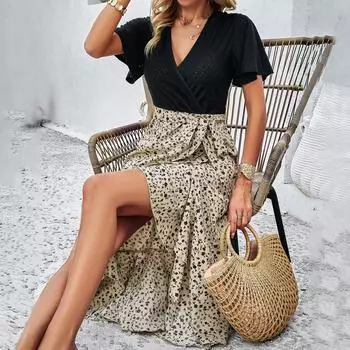 Весеннее и летнее темпераментное платье с V-образным вырезом и контрастным рисунком S зелёный