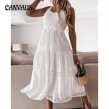 Весеннее и летнее женское платье, кружевное платье с завышенной талией, изогнутое открытое темпераментное платье с внутренней бретелькой на бретельках для поездок на работу S белый