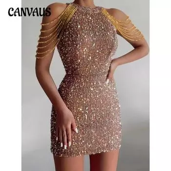 Весеннее и летнее женское платье, модное платье с висячим вырезом, сексуальное платье с кристаллами и кисточками на бедре, с блестками, вечернее платье миди S розовый