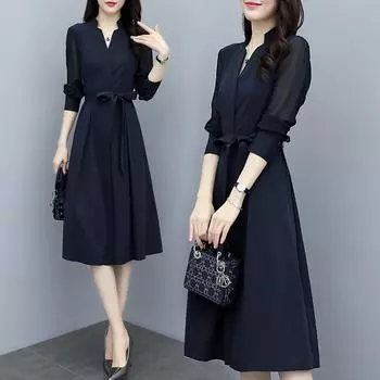 Весеннее и осеннее платье с длинным рукавом, модная женская тонкая юбка с v-образным вырезом на талии и талией S темно-синий