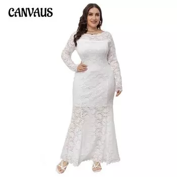 Весеннее и осеннее женское платье больших размеров, кружевное вечернее платье с рыбьим хвостом 1XL белый