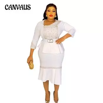 Весеннее и осеннее женское платье больших размеров с горячим бурением из бисера L синий