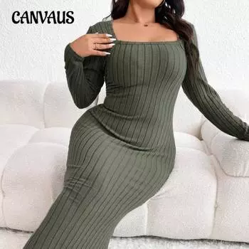 Весеннее и осеннее женское платье больших размеров с квадратным вырезом в рубчик, вязаные платья с рыбьим хвостом и подолом 0XL зелёный