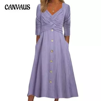 Весеннее и осеннее женское платье, однотонное повседневное платье с длинными рукавами и v-образным вырезом на пуговицах, длинные платья S белый