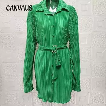 Весеннее и осеннее женское платье-рубашка, модное плиссированное платье с длинными рукавами и завязками на эластичной талии S чёрный