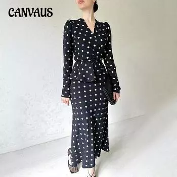 Весеннее и осеннее женское платье. Шикарное платье во французский горошек. Темпераментное платье с v-образным вырезом. S