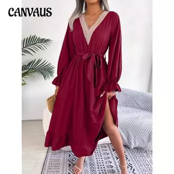 Весеннее и осеннее женское платье, темперамент, длинная юбка с v-образным вырезом на талии, завязками и оборками S чёрный