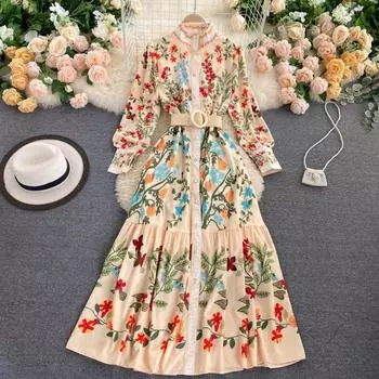 Весеннее и осеннее женское платье, винтажное платье в придворном стиле, платье с рюшами и круглым вырезом с талией и длинными рукавами One Size абрикосовый