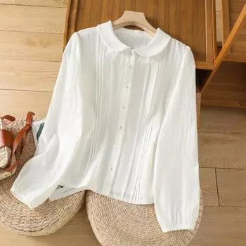 Весеннее искусство свободная однотонная рубашка с длинным рукавом и кукольным вырезом блузки и рубашки M белый
