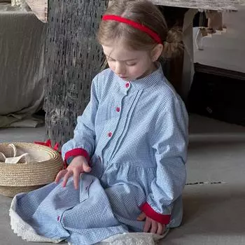 Весеннее корейское ретро-платье в клетку длиной до колена с пуговицами для девочек 2025 года 90 cm синий