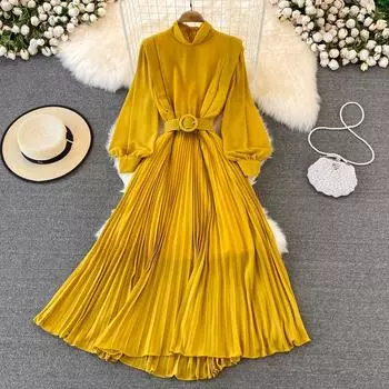 Весеннее корейское шикарное легкое зрелое стильное плиссированное платье с воротником-стойкой и высокой талией на шнуровке на талии Элегантное большое свободное платье One Size чёрный