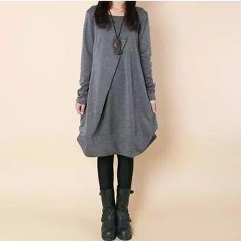 Весеннее корейское женское платье больших размеров свободного покроя с плиссировкой, нерегулярными карманами, круглым вырезом и длинными рукавами M серый