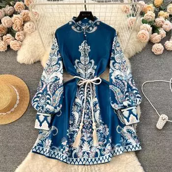 Весеннее короткое платье с цветочным принтом для женщин, длинный рукав-фонарик, воротник-стойка, подол, дворец, хлопковое женское платье с рюшами и пейсли, новинка 2024 года S бежевый