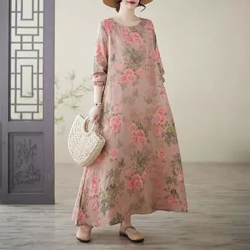 Весеннее литературное платье больших размеров с принтом, круглым вырезом, длинными рукавами, повседневное платье для женщин, вечерние платья L