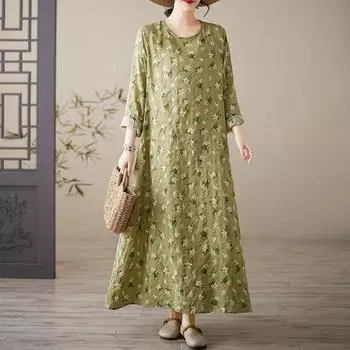 Весеннее литературное платье больших размеров с принтом, круглым вырезом, длинными рукавами, повседневное платье для женщин, вечерние платья L