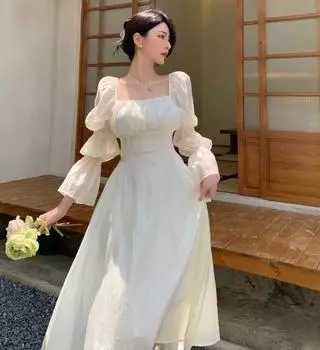 Весеннее милое платье миди с пышными рукавами сзади, женское осеннее розовое бандажное платье, элегантное шифоновое длинное платье, женское S белый