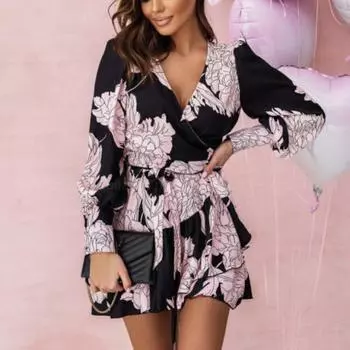 Весеннее милое плиссированное мини-сексуальное платье, модное платье с цветочным принтом и поясом, элегантное женское платье с V-образным вырезом и длинными рукавами, Vestidos 26338 S чёрный