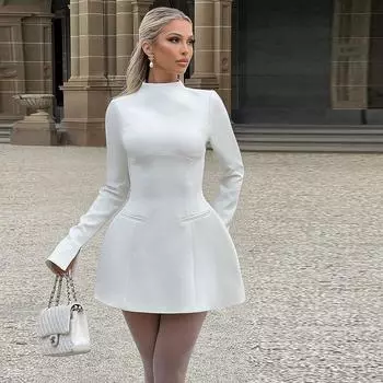 Весеннее мини-платье для поездок на работу, женское, осеннее, элегантное, с карманами, длинным рукавом, сексуальное, облегающее, однотонное, женское, шикарное, для вечеринок, клуба, халаты L чёрный