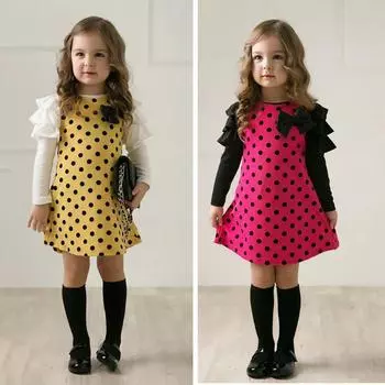 Весеннее мини-платье с длинными рукавами в горошек и бантом с оборками для маленьких девочек, детская одежда 140cm