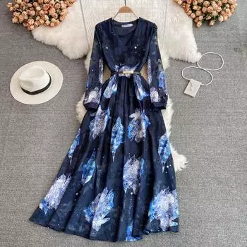 Весеннее модное легкое шифоновое платье в зрелом стиле с высокой талией и тонким v-образным вырезом с принтом и объемными рукавами, элегантное большое свободное платье трапециевидной формы
