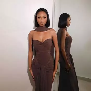 Весеннее модное платье женское светское платье Ethos сексуальное облегающее платье без бретелек со шнуровкой S коричневый