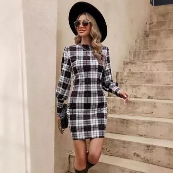 Весеннее модное женское платье с рукавами-фонариками и принтом облегающее платье S