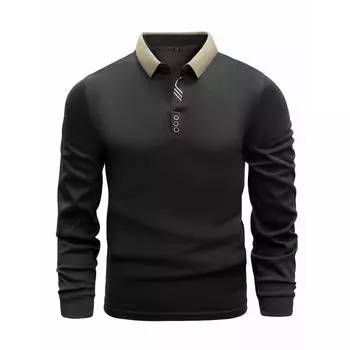 Весеннее мужское поло с длинным рукавом: Отложной воротник, однотонный, дышащий, уютный, на пуговицах M чёрный