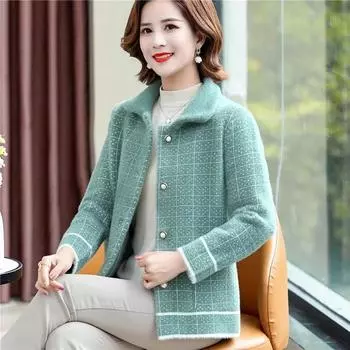 Весеннее новое бархатное пальто среднего возраста для мам из искусственной норки, осеннее женское толстое вязаное кардиган, элитная женская шерстяная верхняя одежда M