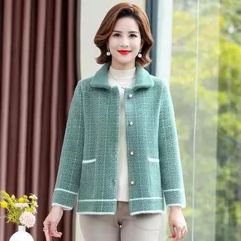 Весеннее новое бархатное пальто среднего возраста для мам из искусственной норки, осеннее женское толстое вязаное кардиган, элитная женская шерстяная верхняя одежда M зелёный
