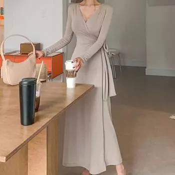 Весеннее новое длинное платье с V-образным вырезом и длинным рукавом, элегантное, женское, модное, темпераментное, сексуальное, для вечеринок, повседневные платья, модное, завязанное, длинное платье 25991 S чёрный