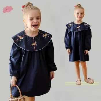Весеннее новое платье для девочек с вышивкой-каруселью и длинными рукавами 90cm королевский синий