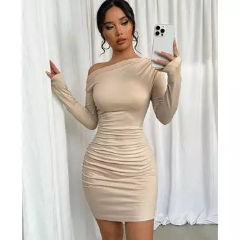Весеннее новое сексуальное платье с длинным рукавом и косым воротником, женское облегающее повседневное платье с высокой талией, элегантное модное короткое платье для вечеринок и клуба 25888 S абрикосовый