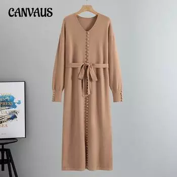 Весеннее новое трикотажное платье с V-образным вырезом и юбкой-карандашом, свободное однотонное женское платье One Size абрикосовый