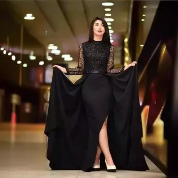 Весеннее новое женское платье с круглым вырезом и длинными рукавами, облегающее платье S чёрный