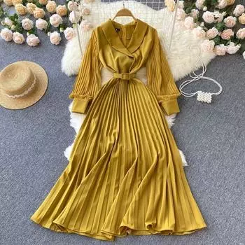 Весеннее новое знаменитое темпераментное легкое зрелое Ветер с большими качелями длинное платье на талии со шнуровкой тонкий костюм с воротником плиссированное платье One Size чёрный