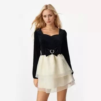 Весеннее однотонное платье в стиле пэчворк с длинными рукавами и сетчатым бантом M чёрный