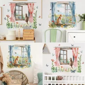 Весеннее окно, кошка, цветок, бабочка, детская комната, спальня, гостиная, крыльцо, украшение дома, настенная наклейка 30*60CM*2PCS/fun-b51