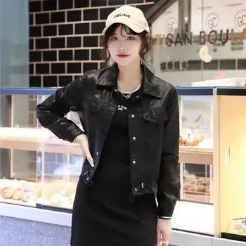 Весеннее пальто для женщин весна осень весна новый стиль с длинными рукавами тонкая модная короткая мотоциклетная кожаная куртка для женщин M