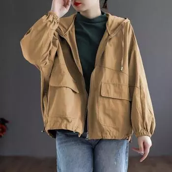 Весеннее пальто на подкладке для женщин, большой размер, новый универсальный свободный топ с капюшоном, тренчкот для женщин S [Recommended below 50kg] армия зеленый